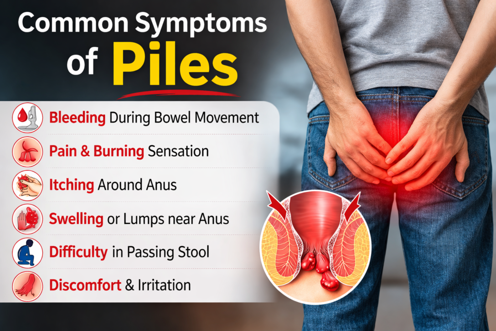 Common symptoms of piles including bleeding pain itching and swelling explained for Piles Treatment in Jabalpur