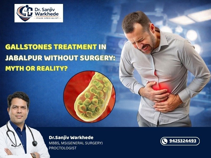 Man experiencing abdominal pain with gallstone illustration, highlighting gallstones treatment in Jabalpur without surgery concept by Dr. Sanjiv Warkhede.